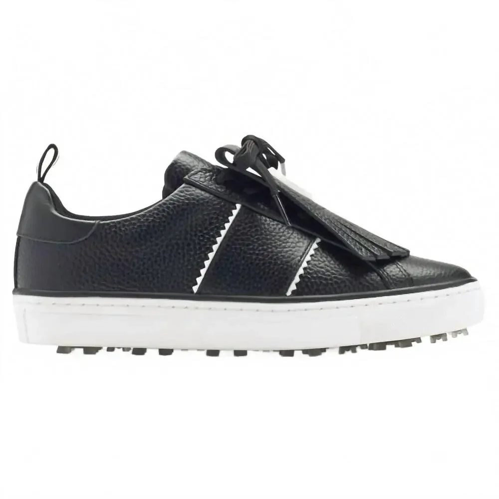 G/FORE Black Leather Low-Top Sneaker with White Sole and Stripe Accents